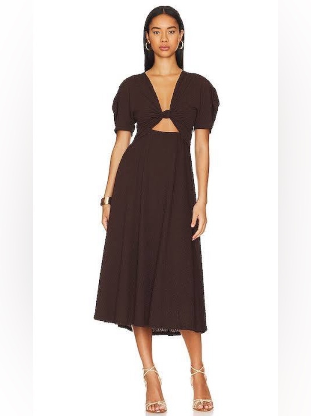 Astr Brown Knot-Front Midi Dress with Cutout